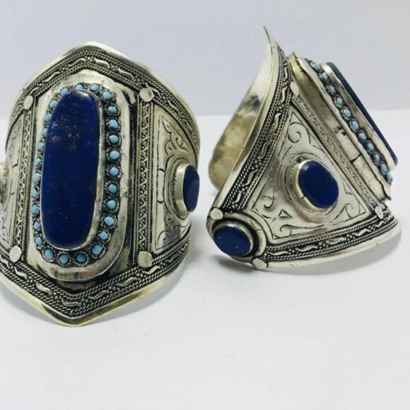 Single Vintage Afghan Cuff Bracelet: Lapis, Turquoise, Sterling Silver Tribal - Picture 9 of 12
